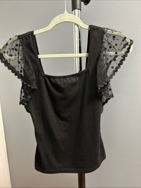 Black Mesh Flutter Sleeve Top, XS, (longer crop top)